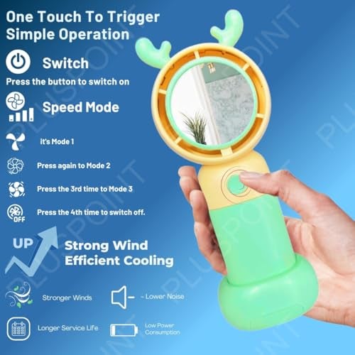 PLUSPOINT Mini Portable Fan, Powerful Hand Fan Cute Design 3 Speed Personal Small Desk Fan with stand, Light weight Rechargeable USB Handheld Fan for Girls, Women, Men, Kids, Indoor, Outdoor - Image 4