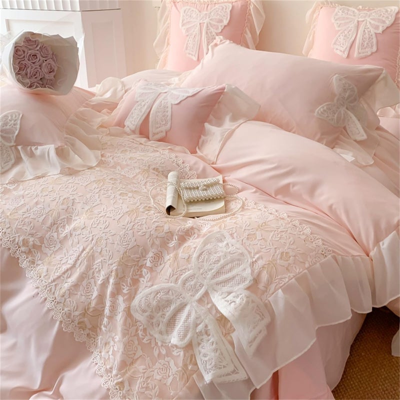 MOOWOO Ruffled Bedding Bow Duvet Cover -Twin Size Pink Chic Lace Bedding Set with Cute Bowtie-2 Pieces Soft Comforter Cover Set with Zipper Closure-Romantic French Princess Style-No Comforter-Pink,Twin Size - Image 5