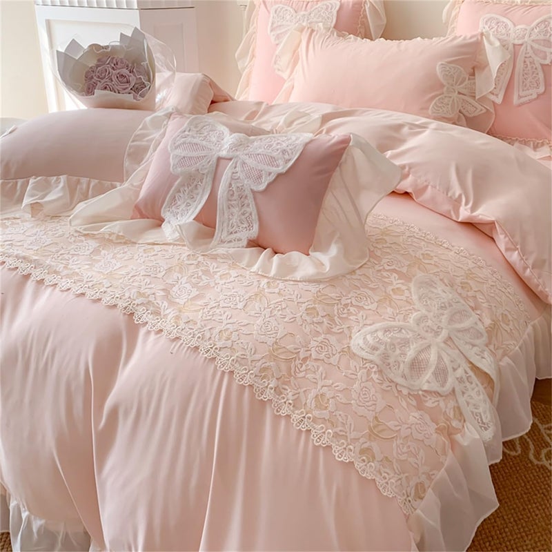 MOOWOO Ruffled Bedding Bow Duvet Cover -Twin Size Pink Chic Lace Bedding Set with Cute Bowtie-2 Pieces Soft Comforter Cover Set with Zipper Closure-Romantic French Princess Style-No Comforter-Pink,Twin Size - Image 3
