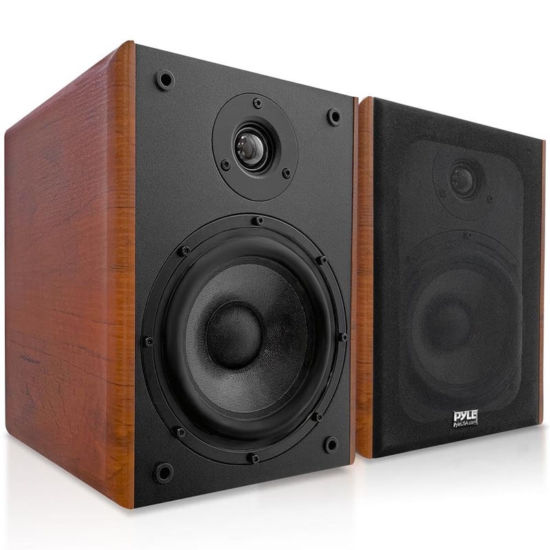 Pyle 65 Home Wooden Bookshelf Speakers 240W Max Power 1 Silk Dome Tweeter and Aluminum Voice Coils Pair Gold Plated 5 Way Binding Post Rubber Surrounds Beautiful Wood Grain Finish PHQBS62