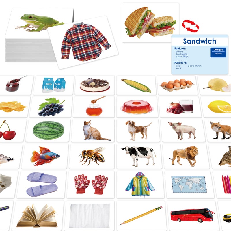 SpriteGru 140 Noun Picture-Word Cards, Picture Flashcards Language Builder Visual Aid Speech Development Tool for Autism, ESL Teaching Materials for Adults, Non-Verbal Children Vocabulary Builder for Toddlers - Image 1