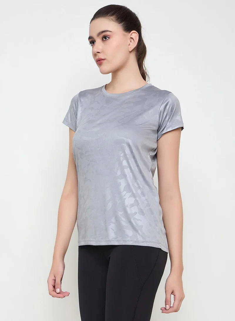 Clovia Grey Clovia Comfort Fit Camouflage Print Active T-shirt in Steel Grey for Women | Best Price UAE