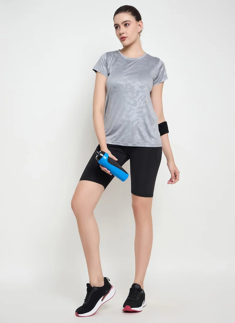 Clovia Grey Clovia Comfort Fit Camouflage Print Active T-shirt in Steel Grey for Women | Best Price UAE