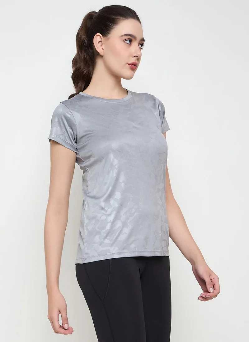 Clovia Grey Clovia Comfort Fit Camouflage Print Active T-shirt in Steel Grey for Women | Best Price UAE