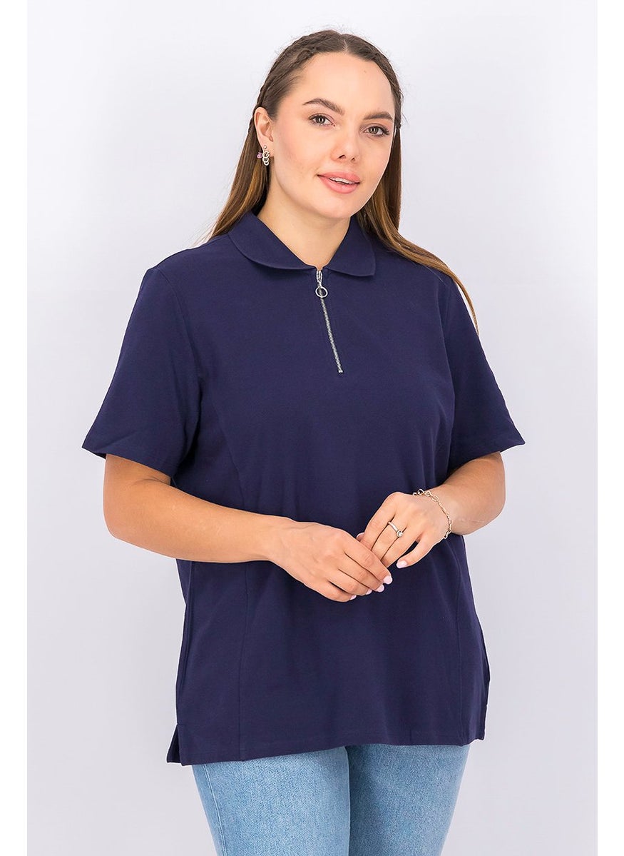 Tchibo Women Spread Collar Short Sleeve Polo Shirt, Navy  - Image 1