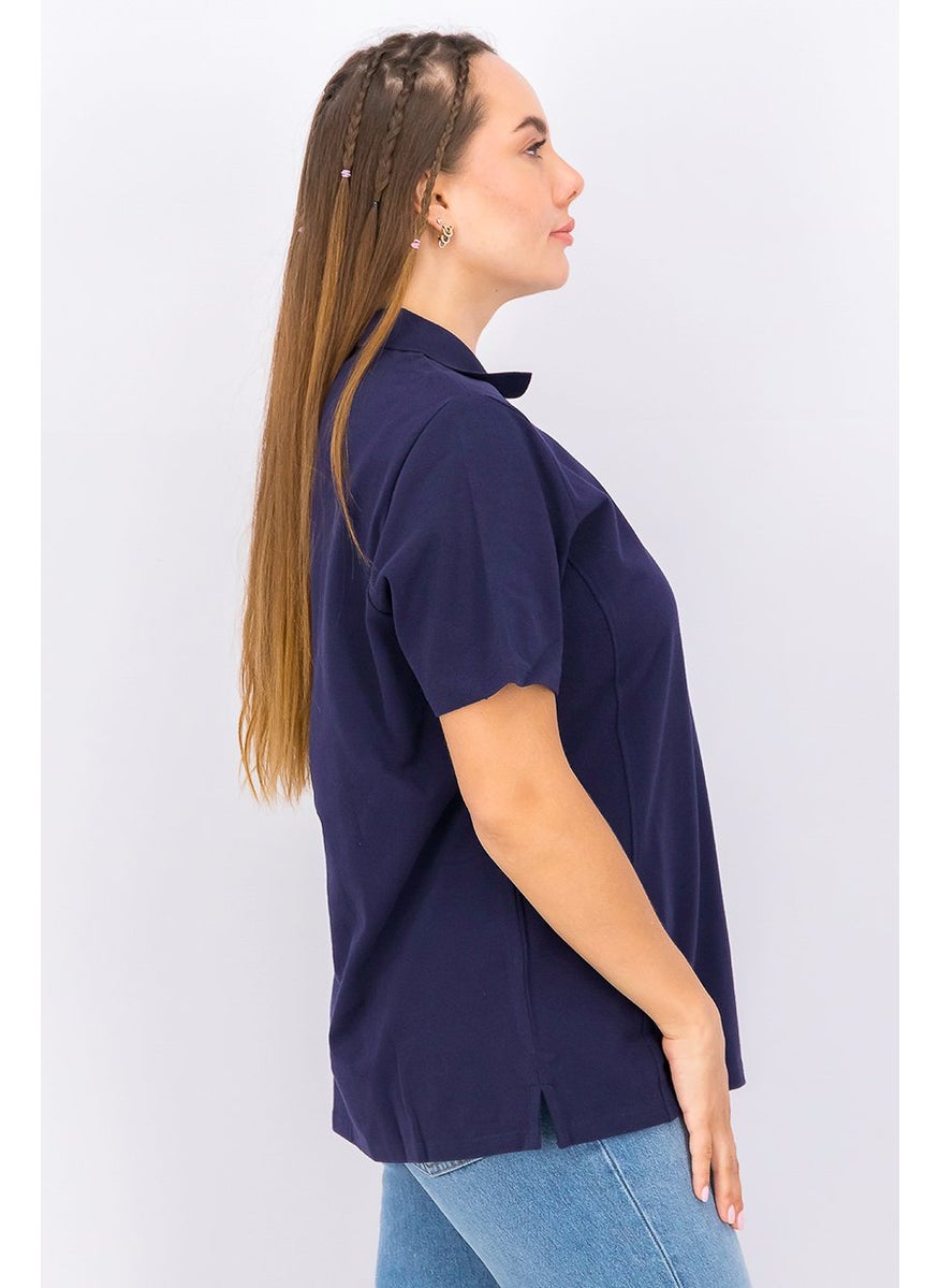 Tchibo Women Spread Collar Short Sleeve Polo Shirt, Navy  - Image 4