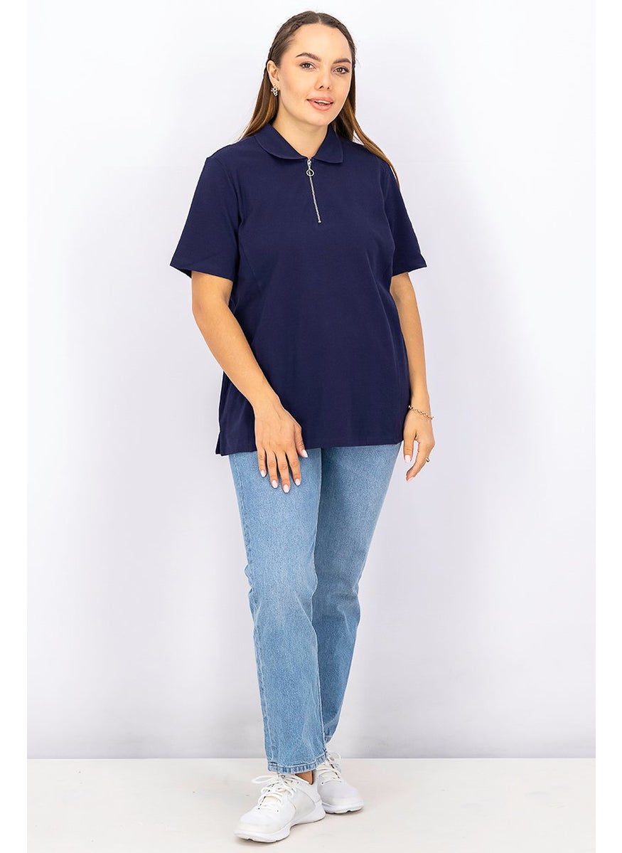 Tchibo Women Spread Collar Short Sleeve Polo Shirt, Navy  - Image 2