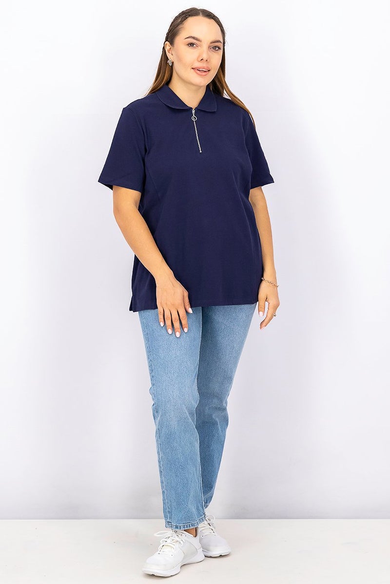 Tchibo Women Spread Collar Short Sleeve Polo Shirt, Navy - Image 2