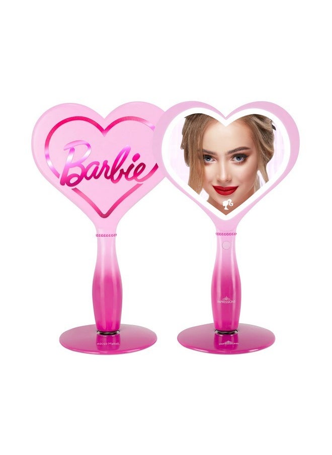 IMPRESSIONS VANITY · COMPANY Impressions Vanity Barbie Led Handheld Makeup Mirror With Standing Base, Portable Travel Hand Held Mirror With Heart Shaped Lighting, Adjustable Brightness, Magnetic Ball Stand  - Image 1