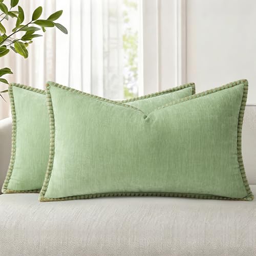 decorUhome Summer Chenille Soft Cozy Throw Pillow Covers 12x20 Set of 2 Modern Farmhouse Boho Velvet Decorative Pillow Cases with Stitched Edge for Couch Sofa Bed Home Decor Sage Green - Image 1