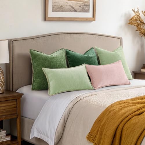 decorUhome Summer Chenille Soft Cozy Throw Pillow Covers 12x20 Set of 2 Modern Farmhouse Boho Velvet Decorative Pillow Cases with Stitched Edge for Couch Sofa Bed Home Decor Sage Green - Image 3