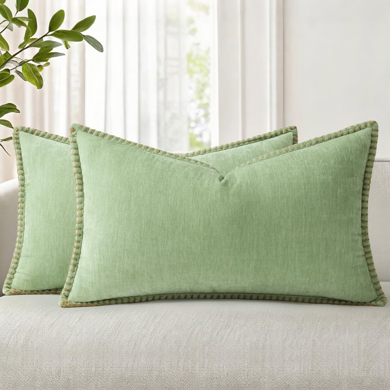 decorUhome Summer Chenille Soft Cozy Throw Pillow Covers 12x20 Set of 2 Modern Farmhouse Boho Velvet Decorative Pillow Cases with Stitched Edge for Couch Sofa Bed Home Decor Sage Green - Image 2
