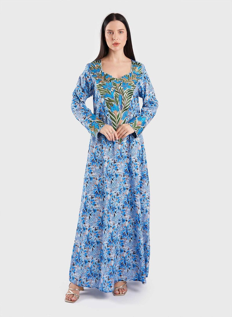 كشخة جلابية مطبوعة رقمياً قطن ليبرتي بزهر - Image 1