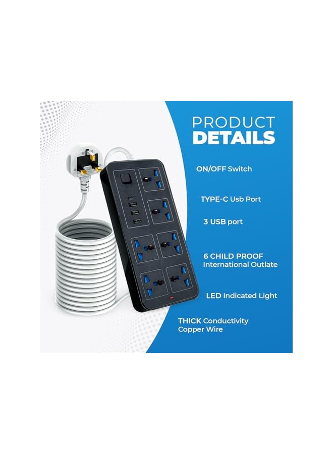promass Universal Extension Lead | 6 Sockets, 3 USB Ports & 1 Type-C | 2M Cable, Overload Protection, Durable Design – Perfect for Home, Office, or Travel- Perfect for CN, AUS, UK, HK, SG (Black) - Image 2