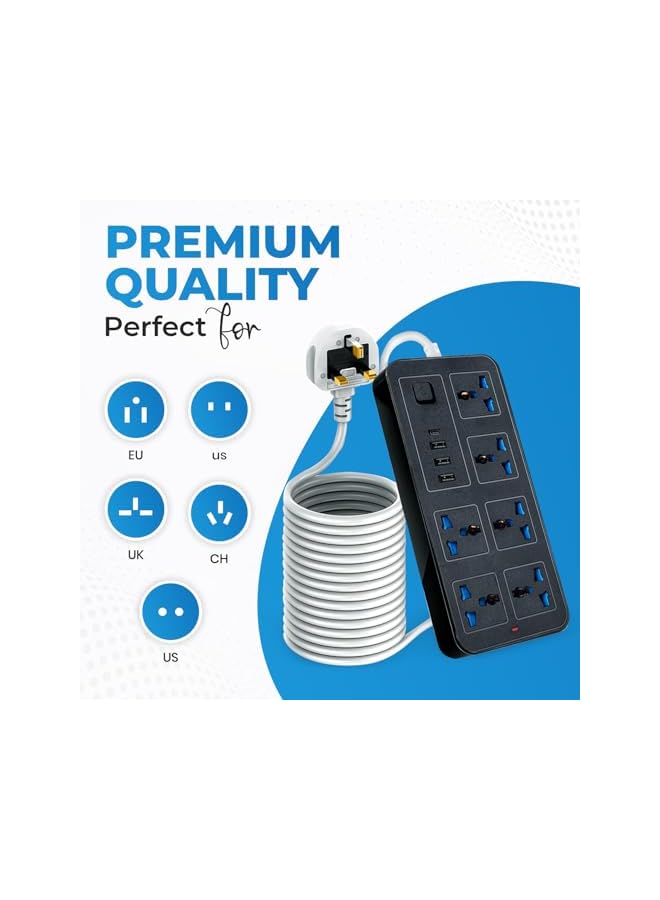 promass Universal Extension Lead | 6 Sockets, 3 USB Ports & 1 Type-C | 2M Cable, Overload Protection, Durable Design – Perfect for Home, Office, or Travel- Perfect for CN, AUS, UK, HK, SG (Black) - Image 3