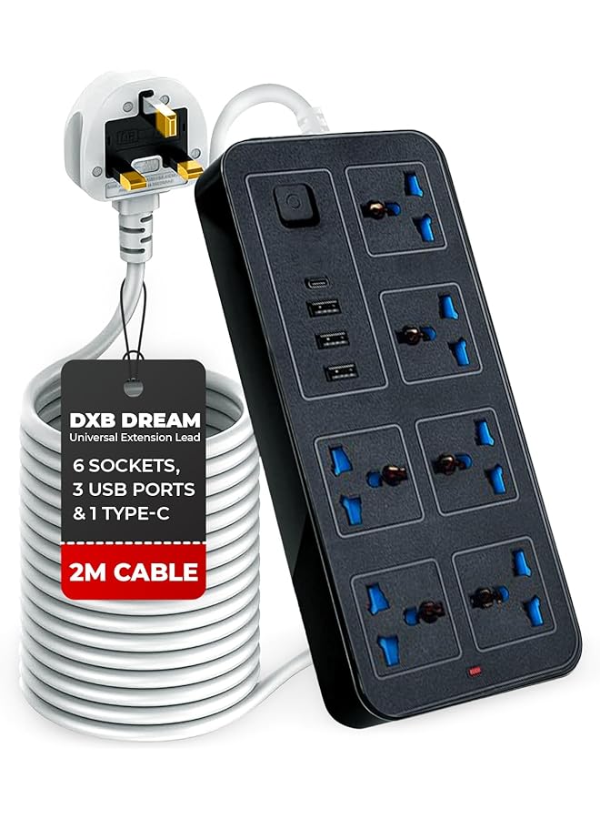 promass Universal Extension Lead | 6 Sockets, 3 USB Ports & 1 Type-C | 2M Cable, Overload Protection, Durable Design – Perfect for Home, Office, or Travel- Perfect for CN, AUS, UK, HK, SG (Black) - Image 1