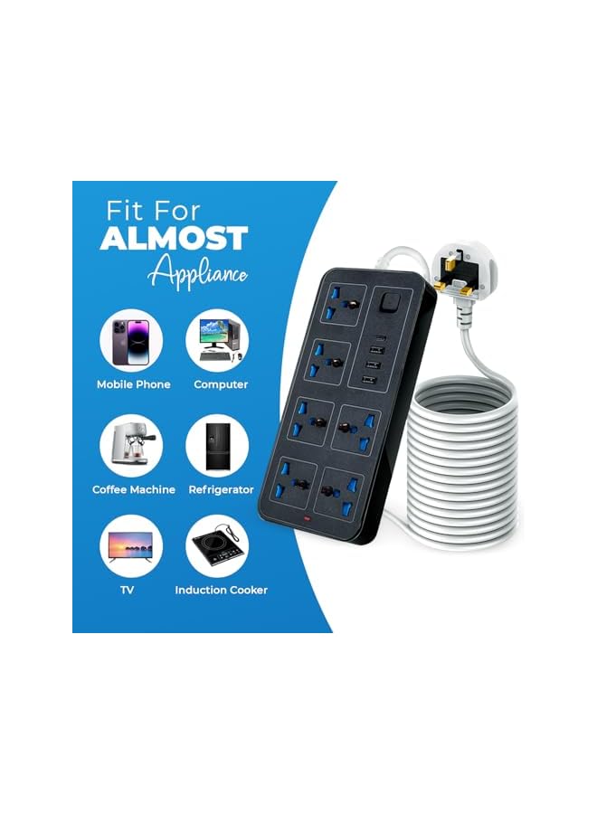 promass Universal Extension Lead | 6 Sockets, 3 USB Ports & 1 Type-C | 2M Cable, Overload Protection, Durable Design – Perfect for Home, Office, or Travel- Perfect for CN, AUS, UK, HK, SG (Black) - Image 5