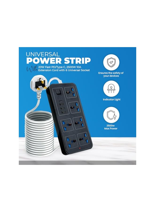 promass Universal Extension Lead | 6 Sockets, 3 USB Ports & 1 Type-C | 2M Cable, Overload Protection, Durable Design – Perfect for Home, Office, or Travel- Perfect for CN, AUS, UK, HK, SG (Black) - Image 4