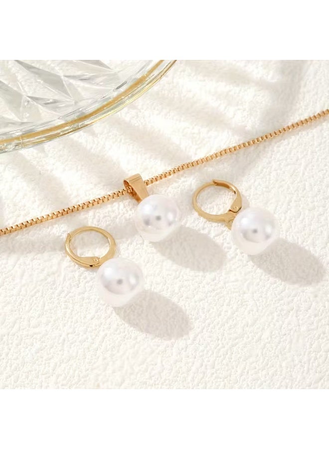 aeen 3pcs Elegant Faux Pearl Pendant Necklace & Earrings Set – Minimalist Box Chain Necklace with Vintage Charm, Versatile Women’s Jewelry for Daily Wear, Parties & Valentine’s Day Gifts - Image 4