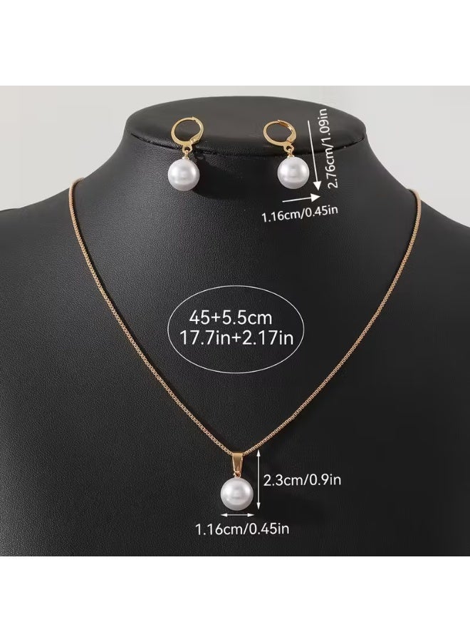 aeen 3pcs Elegant Faux Pearl Pendant Necklace & Earrings Set – Minimalist Box Chain Necklace with Vintage Charm, Versatile Women’s Jewelry for Daily Wear, Parties & Valentine’s Day Gifts - Image 3
