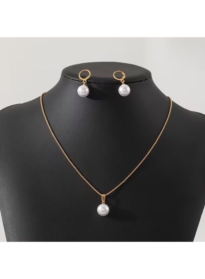 aeen 3pcs Elegant Faux Pearl Pendant Necklace & Earrings Set – Minimalist Box Chain Necklace with Vintage Charm, Versatile Women’s Jewelry for Daily Wear, Parties & Valentine’s Day Gifts - Image 2