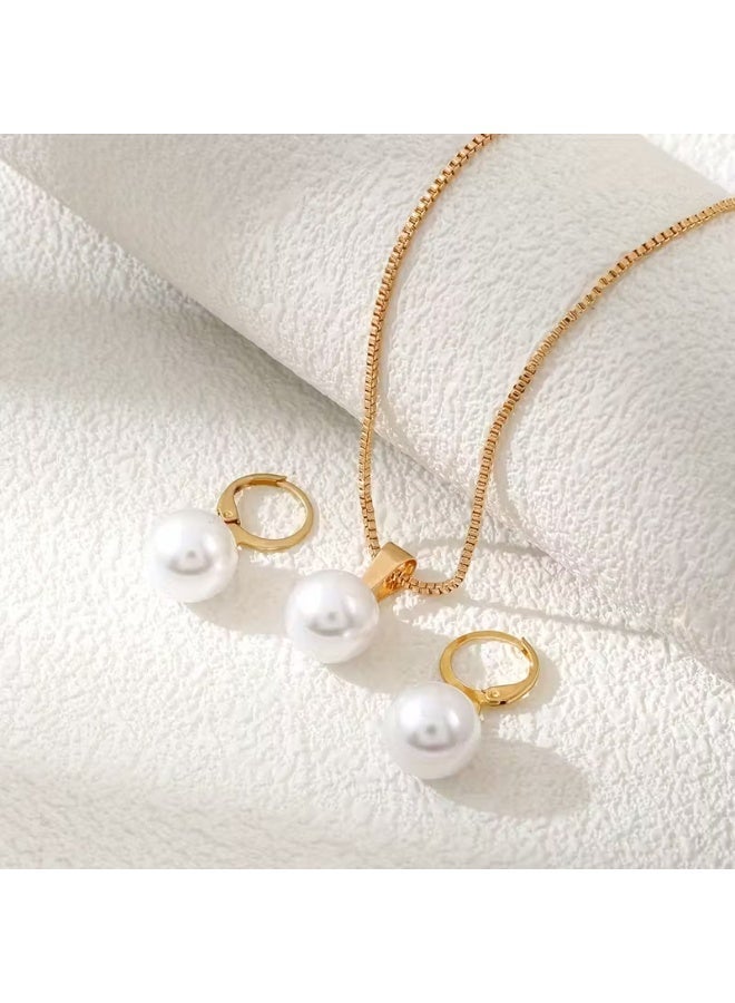 aeen 3pcs Elegant Faux Pearl Pendant Necklace & Earrings Set – Minimalist Box Chain Necklace with Vintage Charm, Versatile Women’s Jewelry for Daily Wear, Parties & Valentine’s Day Gifts - Image 1