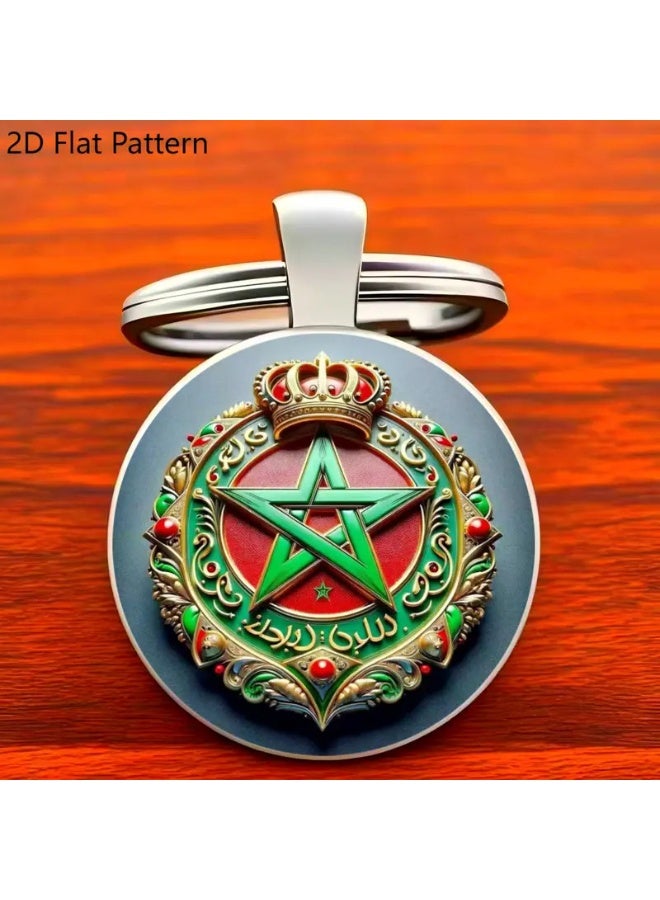 Alloy Keychain, Moroccan Football Enthusiast Pattern with Green Star, Crown, and Floral Design - Image 5