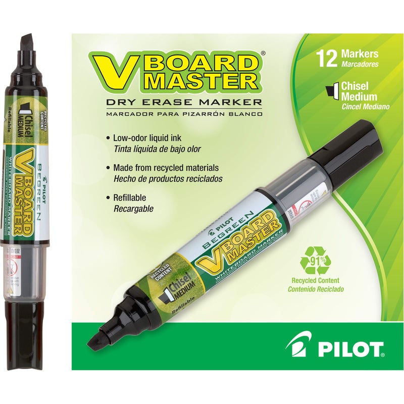 PILOT V Board Master BeGreen Refillable White Board Markers, Chisel Tip, Black Ink, 12 Count - Image 1