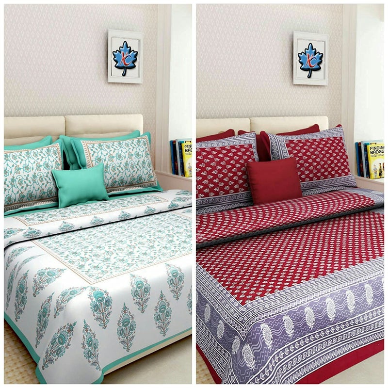 EarlyMart 100 Cotton Rajasthani Jaipuri King Size Combo Bedsheets Set of 2 Double Bedsheets with 4 Pillow Covers Multi_040
