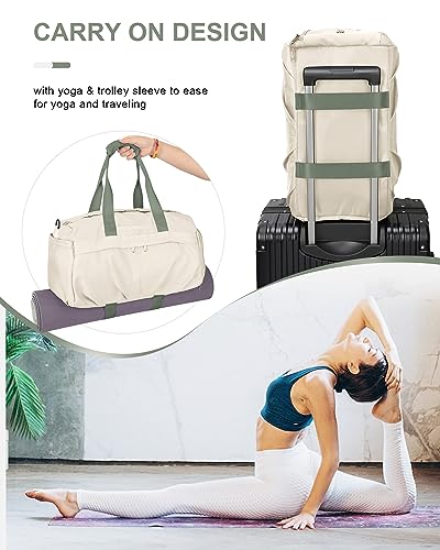 livbote Gym Bag for Women Duffle Bag with Shoe Compartment Yoga Mat Bag Sports Workout Bag Weekend Overnight Bag, Beige Green - Image 2