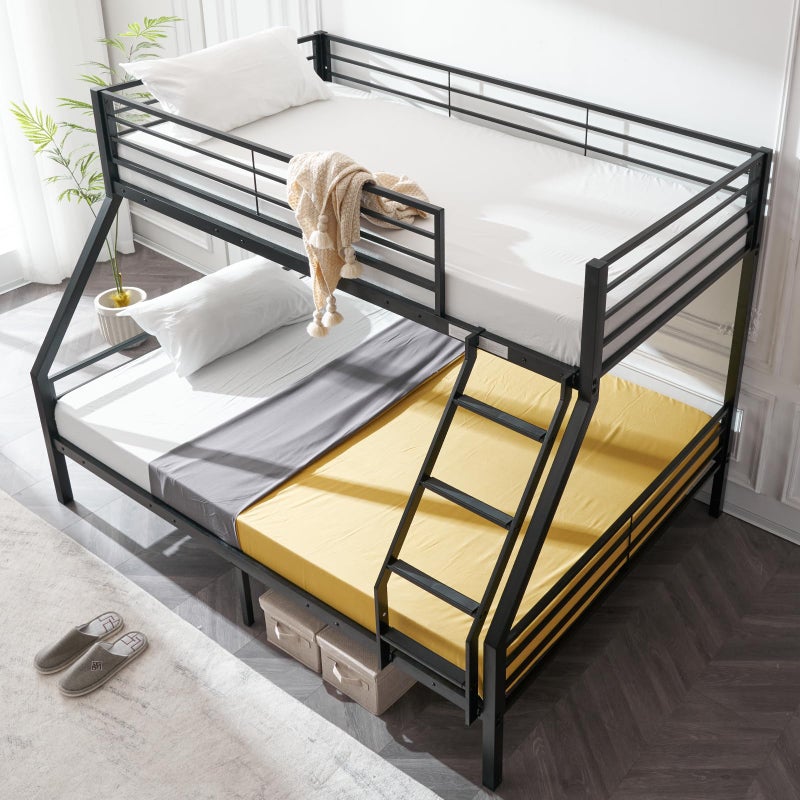 VINGLI VINGLI Bunk Beds Twin Over Full Size for Kids Teens AdultsFlat StepsHeavy Duty Metal Slat Black 