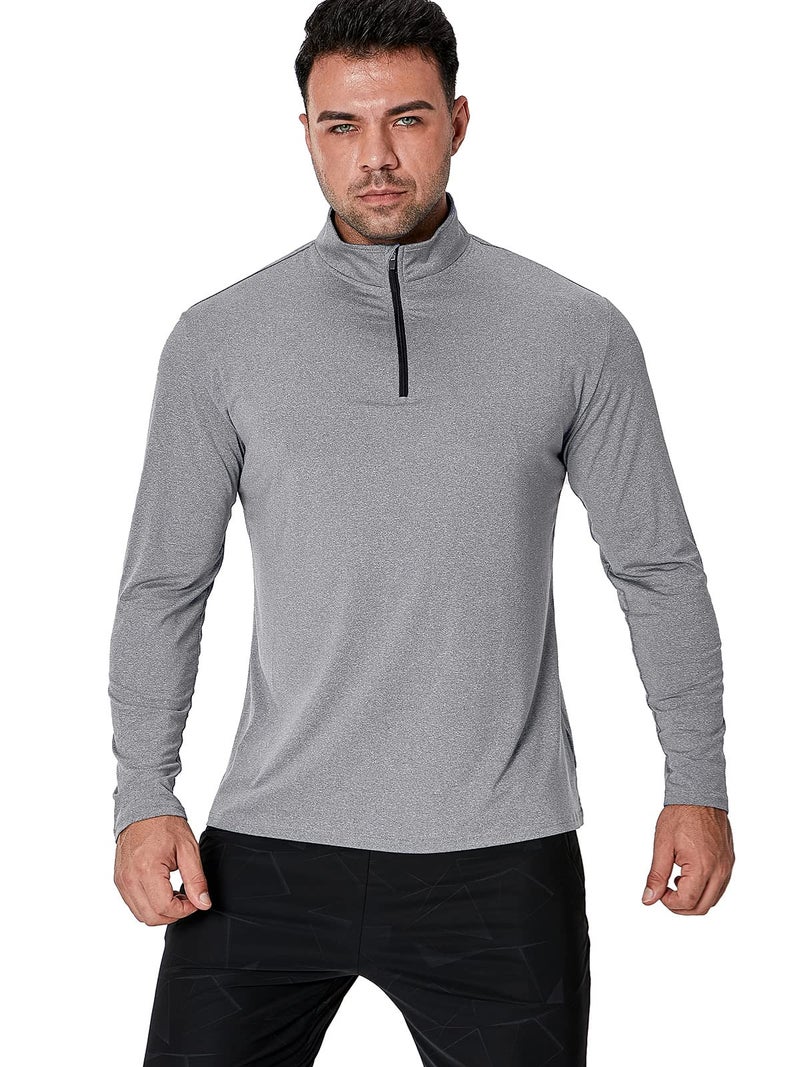 MANSDOUR Men's Active Sports Shirt 1/4 Zip Performance Long Sleeve Workout Running T Shirt Pullover Tops Light Grey - Image 4