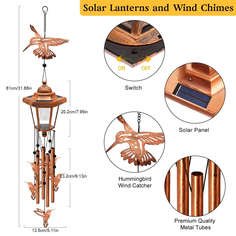 yulloyello Large Solar Hummingbird Wind Chimes with Wind Catcher/Solar Decor Light to Create a Zen Atmosphere Suitable for Outdoor, Garden, Patio Decor Classic Bronze Wind Chimes as A Memorial Gift for Unisex - Image 2