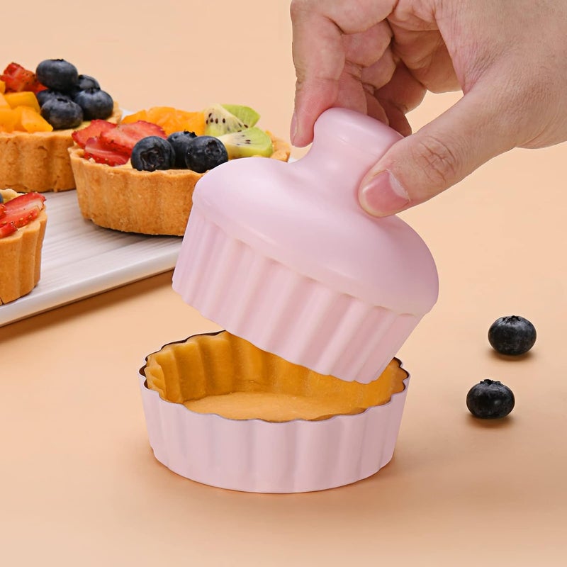 CGGYYZ Mini Round Tart Pan with Removable Bottom, Nonstick Mini Pie Pans for Baking, Carbon Steel Quiche Pan Set for Cupcake Muffin Cakes and Desserts, Including 6 Tart Pan and 1 Tart Tamper (Pink) - Image 4