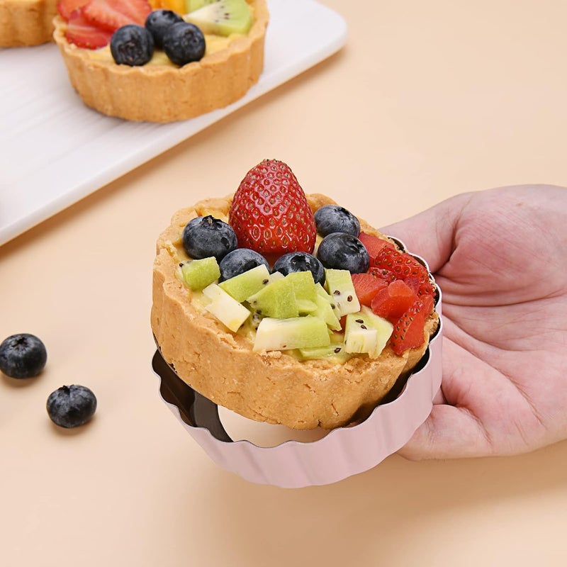 CGGYYZ Mini Round Tart Pan with Removable Bottom, Nonstick Mini Pie Pans for Baking, Carbon Steel Quiche Pan Set for Cupcake Muffin Cakes and Desserts, Including 6 Tart Pan and 1 Tart Tamper (Pink) - Image 3