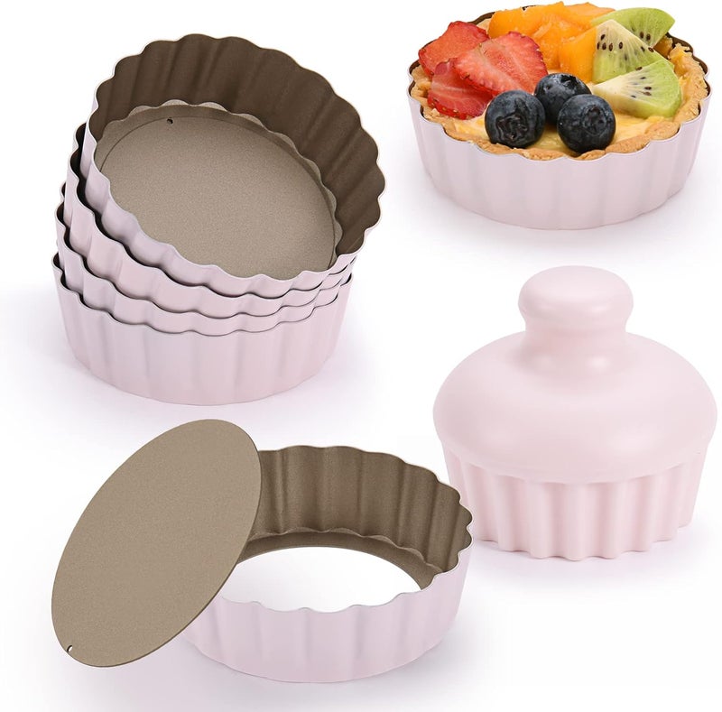 CGGYYZ Mini Round Tart Pan with Removable Bottom, Nonstick Mini Pie Pans for Baking, Carbon Steel Quiche Pan Set for Cupcake Muffin Cakes and Desserts, Including 6 Tart Pan and 1 Tart Tamper (Pink) - Image 1