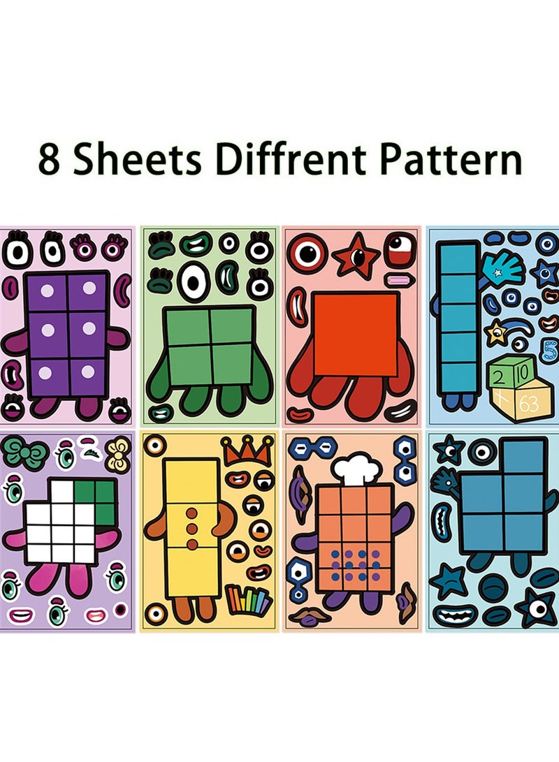 8 Sheets/Set Numberblocks Stickers Waterproof Make a Face Puzzle Cartoon Stickers DIY Craft for Kids - Image 3