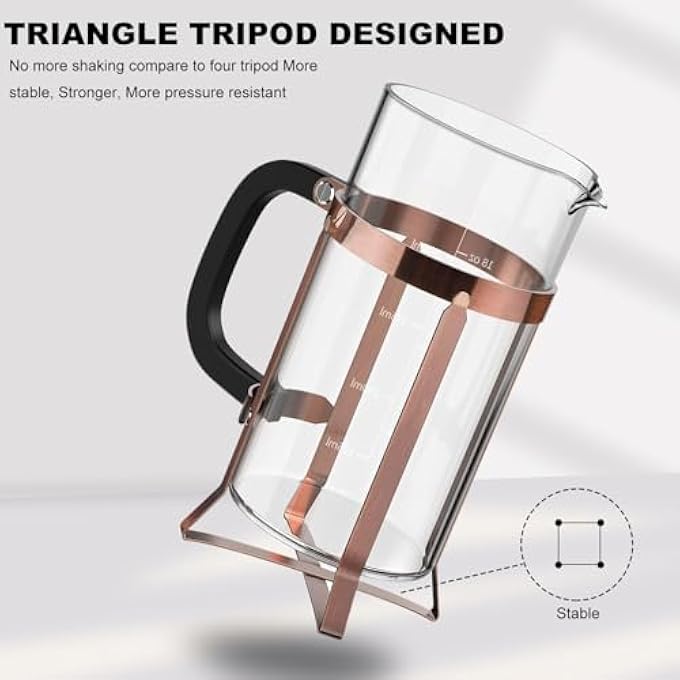 Funito Coffee Maker 304 Stainless Steel French Press Heat Resistant Durable Easy To Clean Borosilicate Glass Coffee Press Bpa Free Teapot 600Ml Copper - Image 4