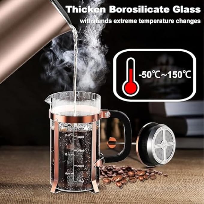 Funito Coffee Maker 304 Stainless Steel French Press Heat Resistant Durable Easy To Clean Borosilicate Glass Coffee Press Bpa Free Teapot 600Ml Copper - Image 3