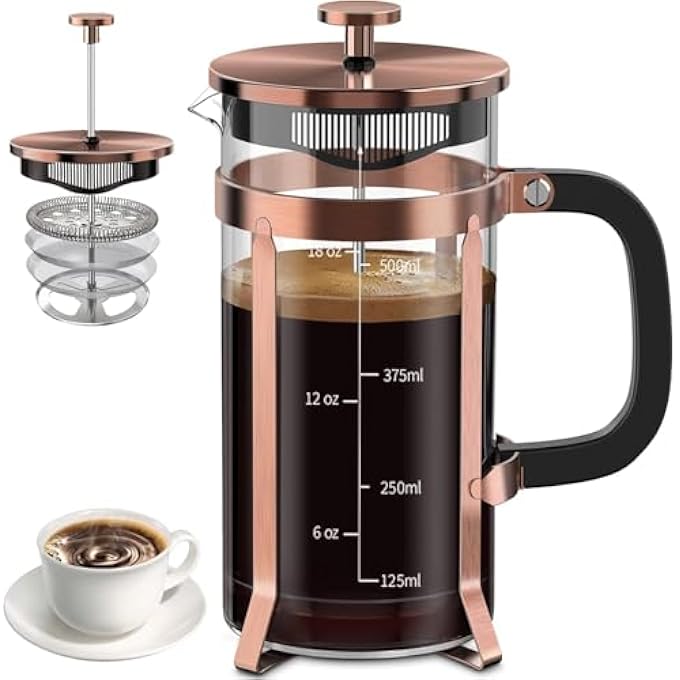 Funito Coffee Maker 304 Stainless Steel French Press Heat Resistant Durable Easy To Clean Borosilicate Glass Coffee Press Bpa Free Teapot 600Ml Copper - Image 2