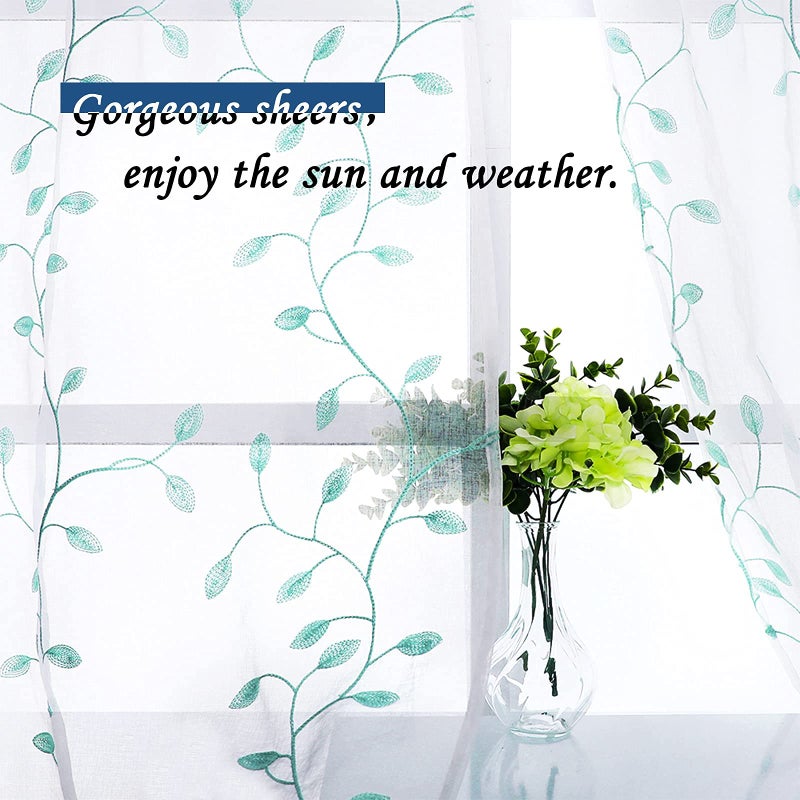 MRTREES MRTREES Sheer Christmas Curtain Valance  2 Panels Leaves Embroidered Small Valances Curtains 54x16 Inches  Rod Pocket Short Window Treatment Toppers for Living Room Bedroom Kitchen(Aqua Blue Leaves)  - Image 4