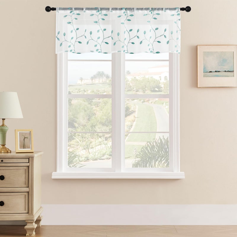 MRTREES MRTREES Sheer Christmas Curtain Valance  2 Panels Leaves Embroidered Small Valances Curtains 54x16 Inches  Rod Pocket Short Window Treatment Toppers for Living Room Bedroom Kitchen(Aqua Blue Leaves)  - Image 1