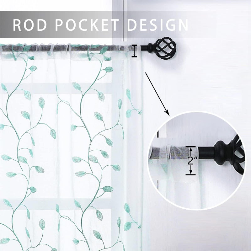 MRTREES MRTREES Sheer Christmas Curtain Valance  2 Panels Leaves Embroidered Small Valances Curtains 54x16 Inches  Rod Pocket Short Window Treatment Toppers for Living Room Bedroom Kitchen(Aqua Blue Leaves)  - Image 2