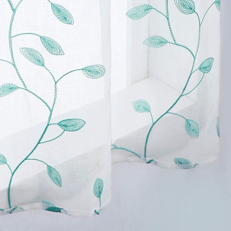 MRTREES MRTREES Sheer Christmas Curtain Valance  2 Panels Leaves Embroidered Small Valances Curtains 54x16 Inches  Rod Pocket Short Window Treatment Toppers for Living Room Bedroom Kitchen(Aqua Blue Leaves)  - Image 5