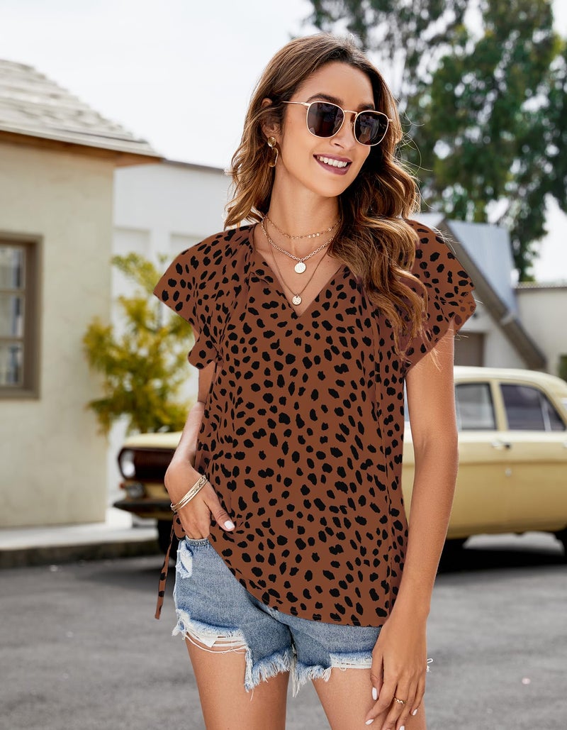 SimpleFun Womens Tops Dressy Casual V Neck Leopard Shirts Lightweight Chiffon Blouses (Brown,XL) - Image 5