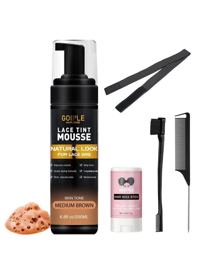 Goiple Lace Tint Melting Hair Mousse, 6.8 fl oz Lace Tint Mousse for Women Wigs Toupees and Hairpieces Natural Finishing Lace Color, Lace Tint for Wigs Tool Set (Mocha- Medium Brown) - Image 1