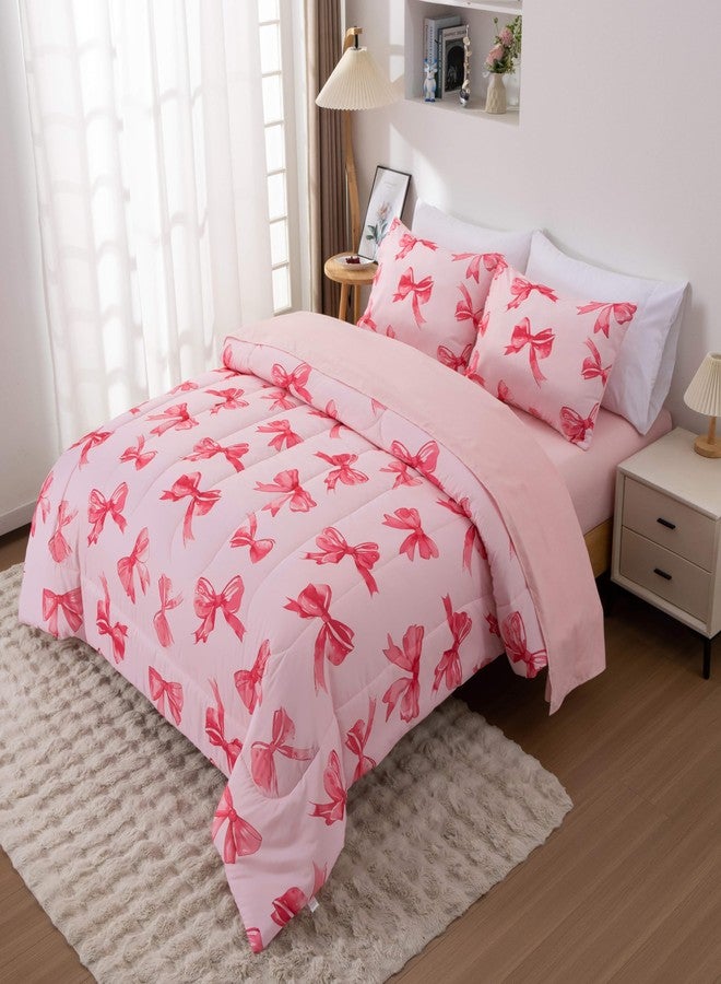Btargot 5 Piece Pink Bow Tie Comforter Set for Girls Boys Kids, Twin Size Cartoon Bowknot Bedding Set, Bed in a Bag with Comforter, Sheets and Pillowcases - Image 3