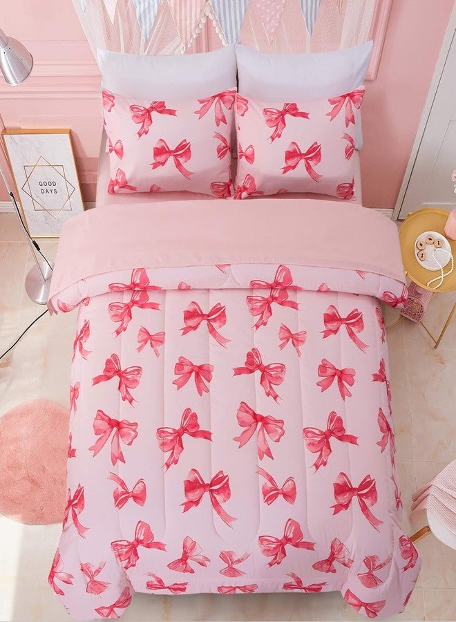 Btargot 5 Piece Pink Bow Tie Comforter Set for Girls Boys Kids, Twin Size Cartoon Bowknot Bedding Set, Bed in a Bag with Comforter, Sheets and Pillowcases - Image 1