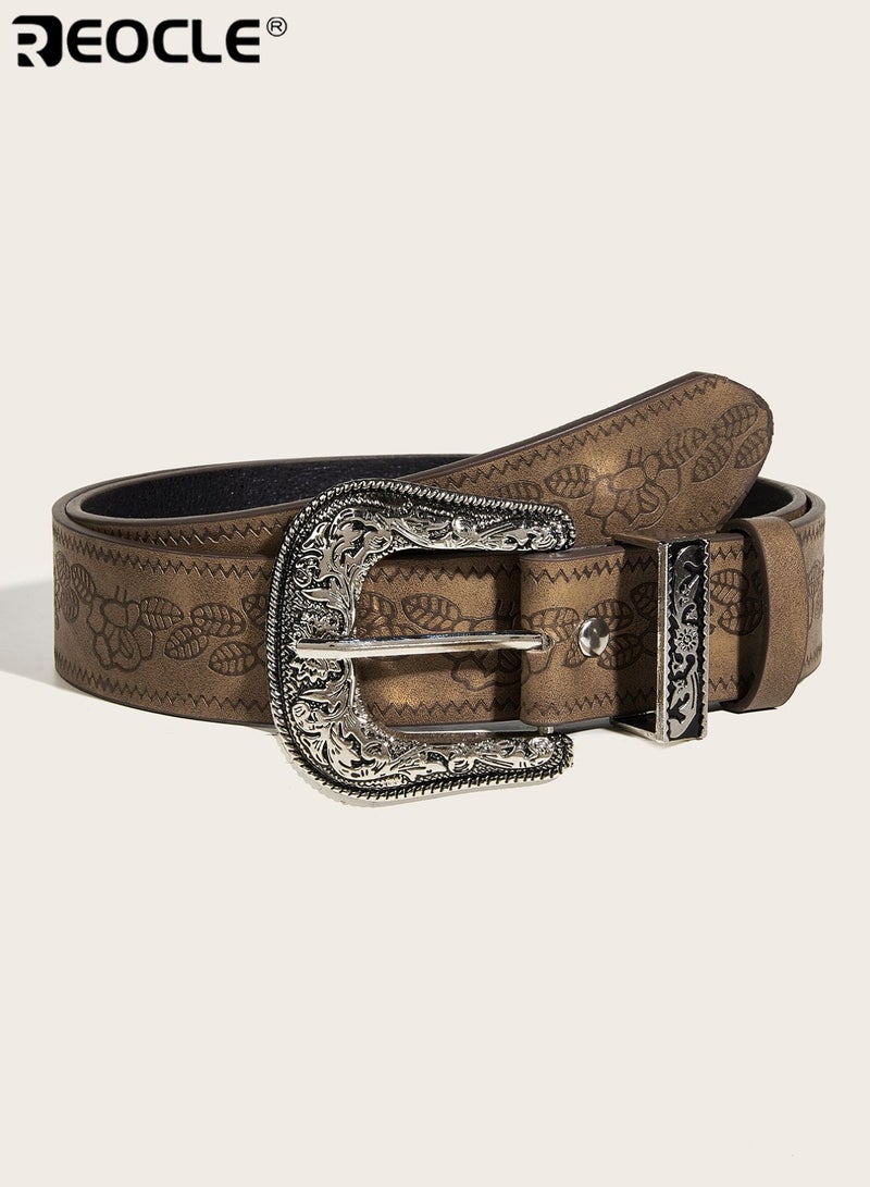 REOCLE Women's Leather Belt Vintage Floral Embossed Wide Faux Leather Belt with Ornate Engraved Metal Buckle Adjustable Western Style Waist Belt for Daily and Office Wear - Image 5