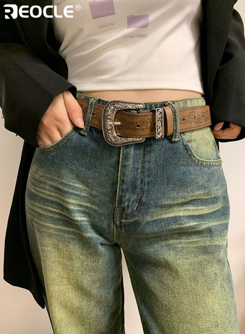 REOCLE Women's Leather Belt Vintage Floral Embossed Wide Faux Leather Belt with Ornate Engraved Metal Buckle Adjustable Western Style Waist Belt for Daily and Office Wear - Image 2